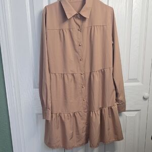 Button-Front Tiered Midi Dress in Taupe